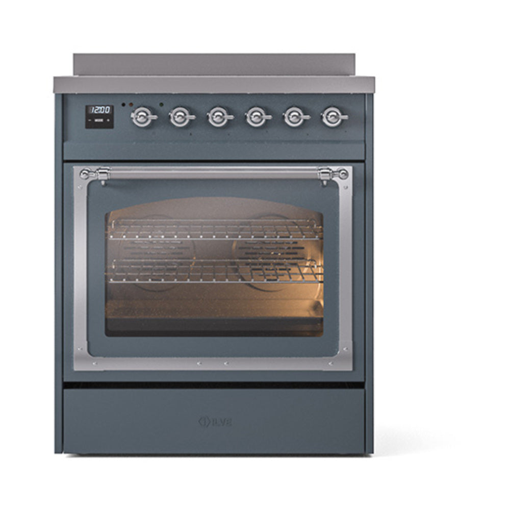 ILVE induction range with blue grey frame, oven interior lit through glass door