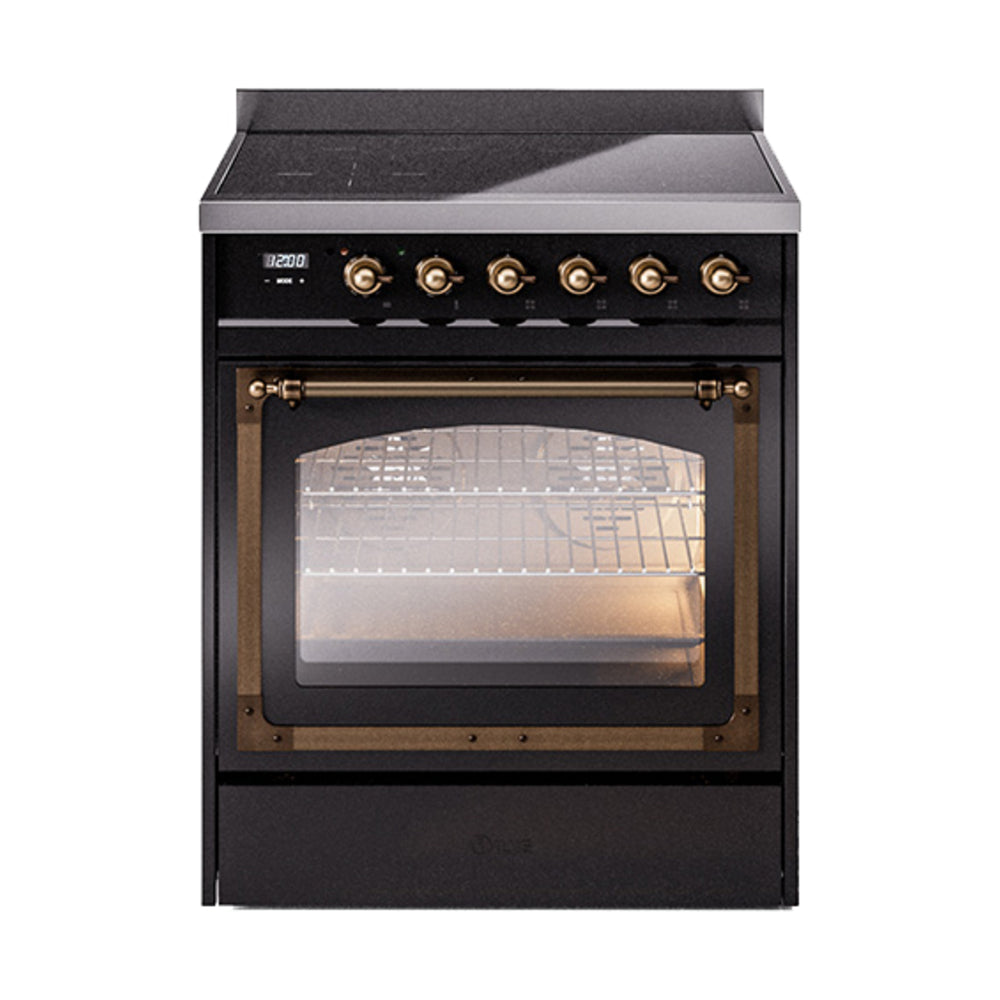 Glossy black induction range with bronze-trim oven door and round control knobs