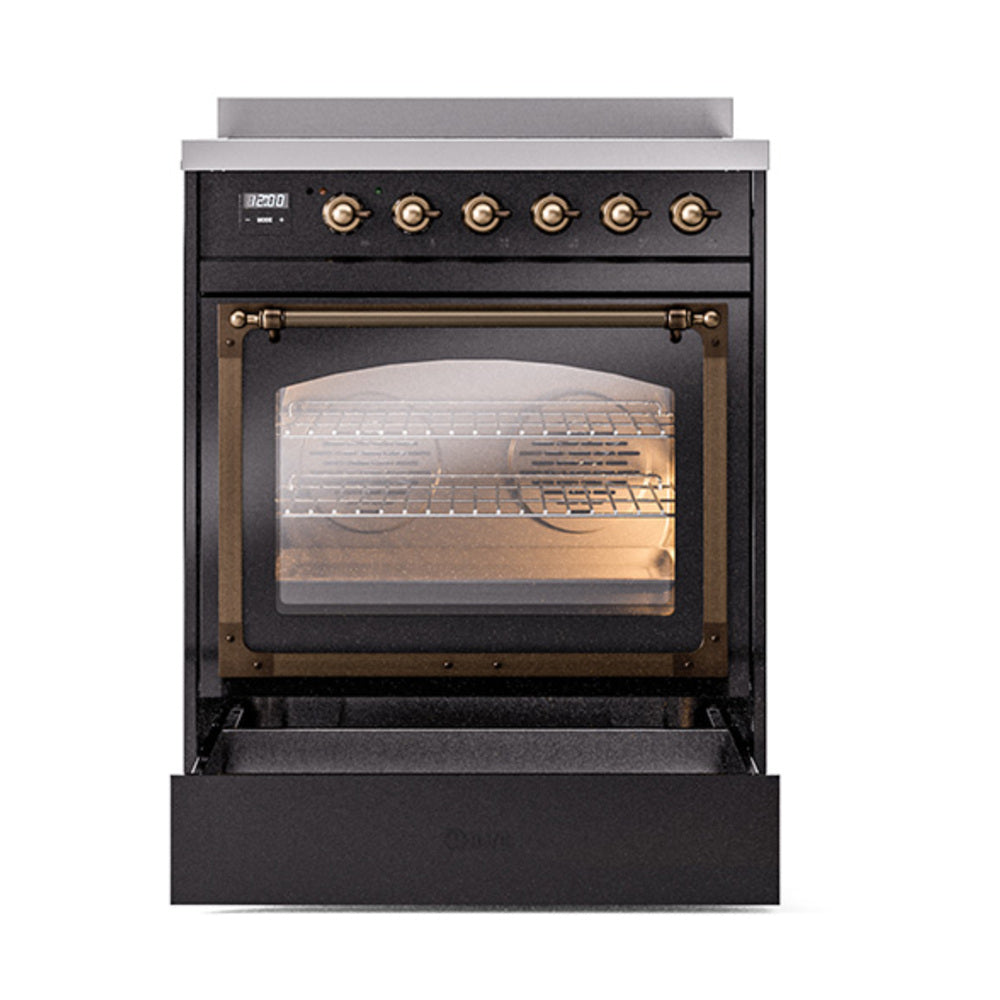 Glossy black induction range with bronze-trim oven door and open lower drawer