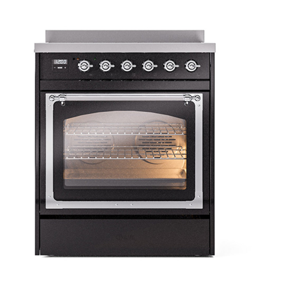 Black induction range with open oven door, chrome handle, and lit triple-pane window