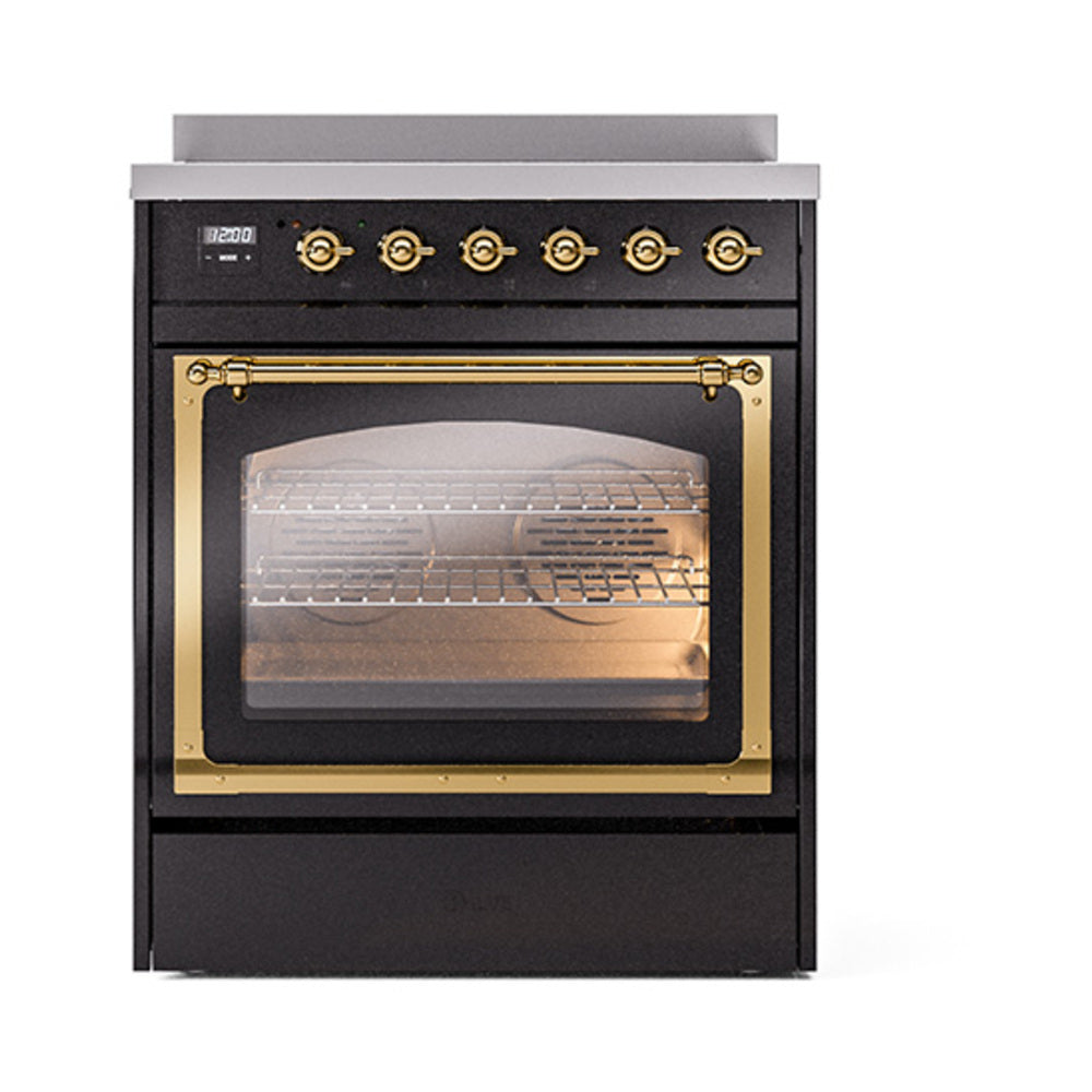 Black induction range with brass control knobs and oven door window