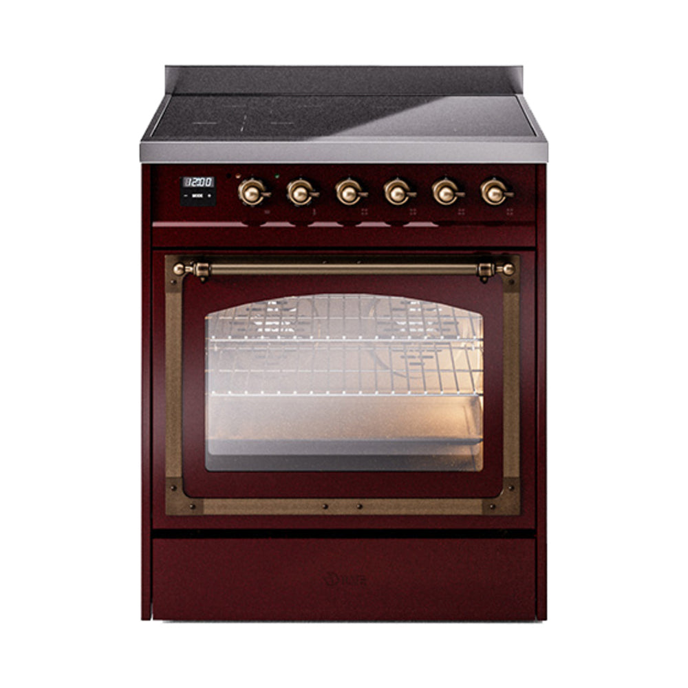 Burgundy induction range with triple-glass oven door and bronze control knobs