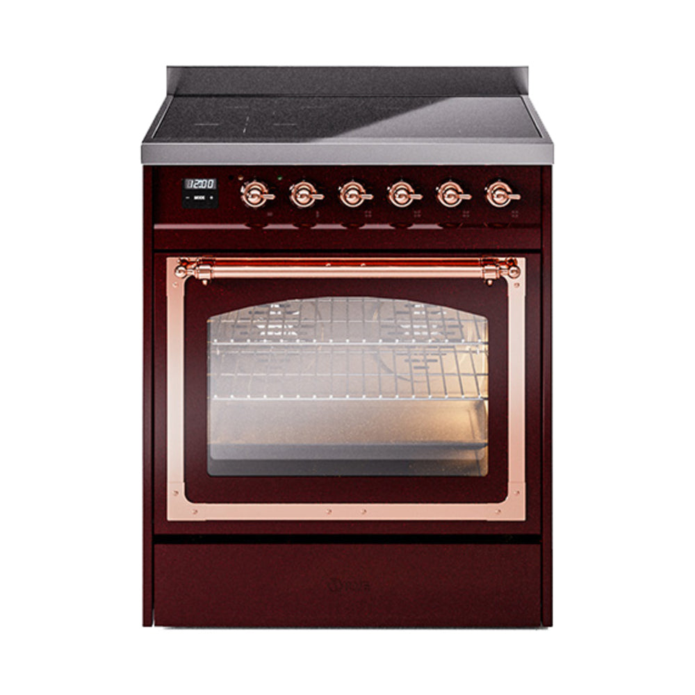 Burgundy induction range with copper-trimmed open oven door and control knobs.
