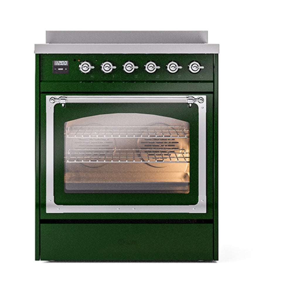 Emerald green induction range with chrome-trimmed oven door window and control knobs