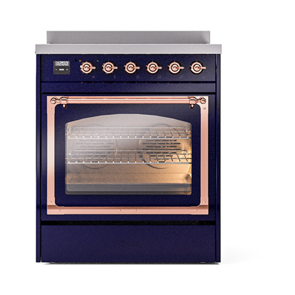 Midnight blue induction range with illuminated oven interior and glass door