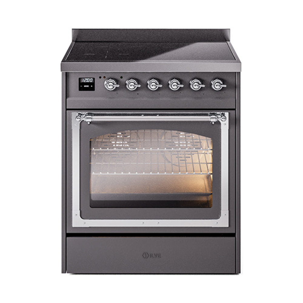 Matte graphite induction range with triple glass oven door, chrome trim, and control knobs.