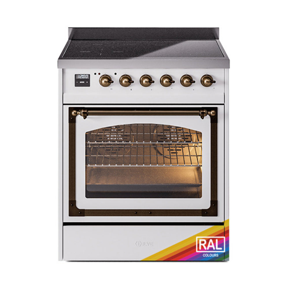 White induction range with open oven door, bronze knobs, and visible interior racks