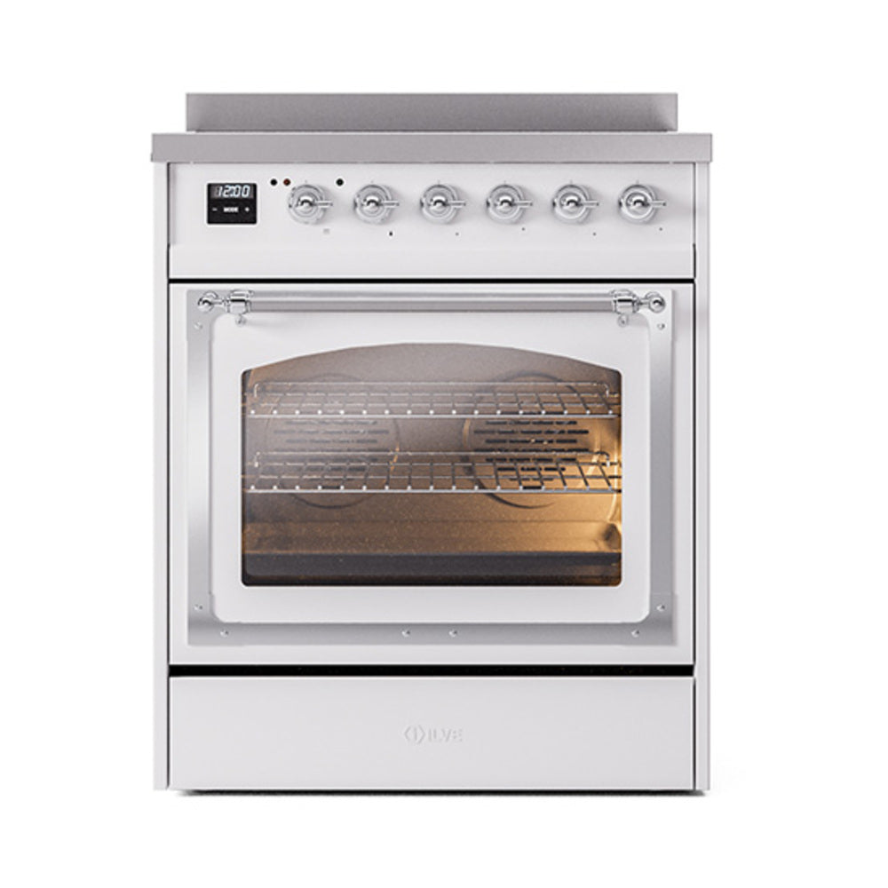 White induction range with oven door window and top control knobs