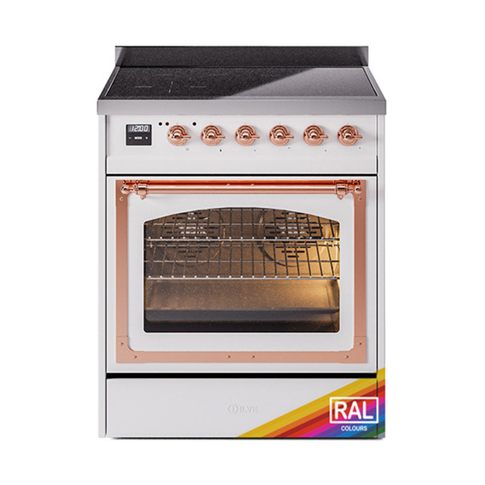 30-inch induction range with open oven door, copper trim, and RAL label on lower panel