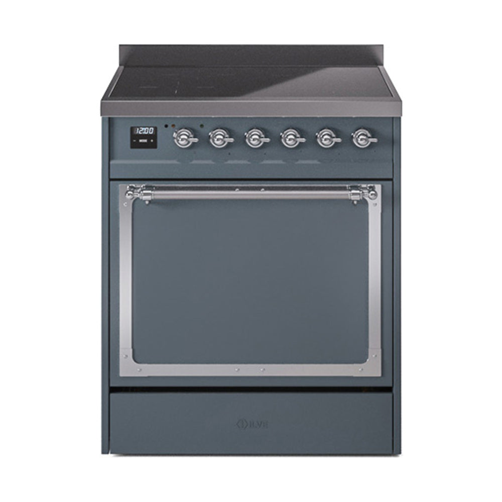 Blue grey induction range with solid-door oven, chrome-trim control panel and knobs