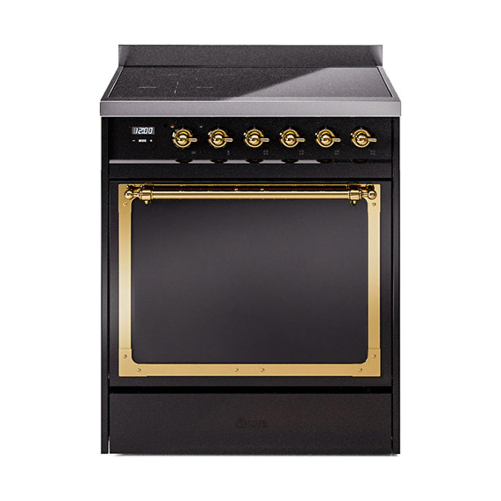 Glossy black induction range with brass-trimmed oven door and control knobs