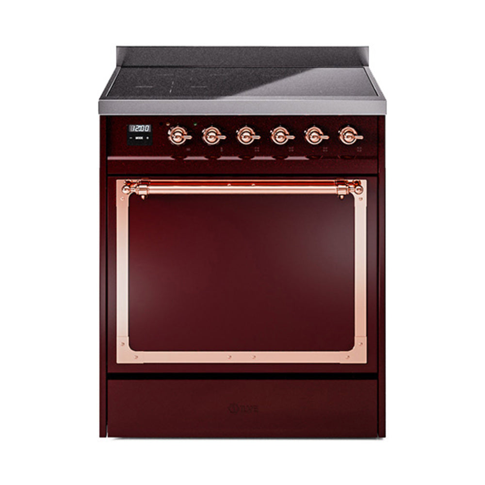 Burgundy induction range with closed oven door and copper-trim control panel