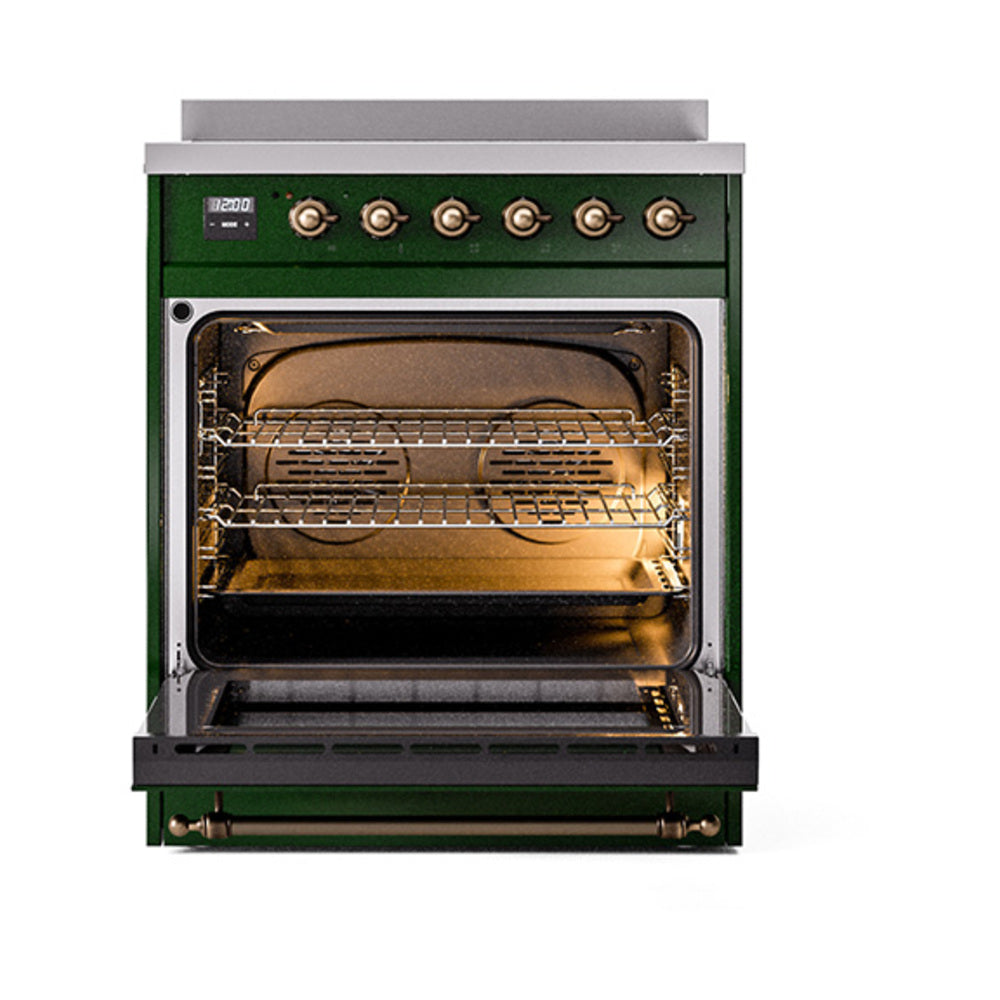 Emerald green induction range with solid door oven, bronze-trimmed control knobs