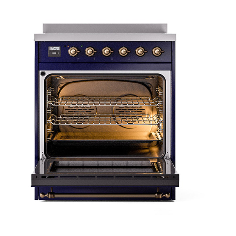 Midnight blue induction range with open oven door, racks, and heating element