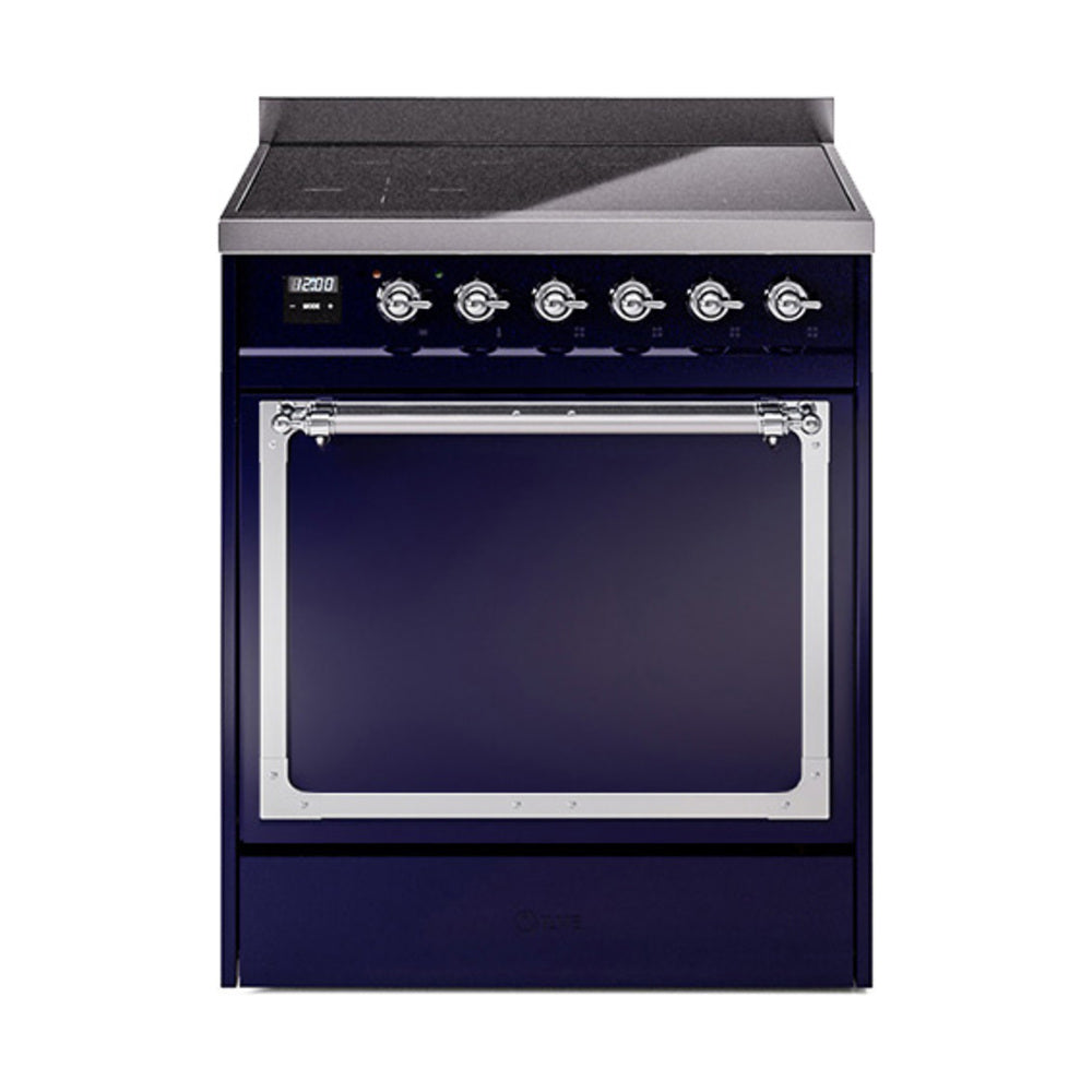 Midnight blue induction range with solid door oven and chrome trim, front view