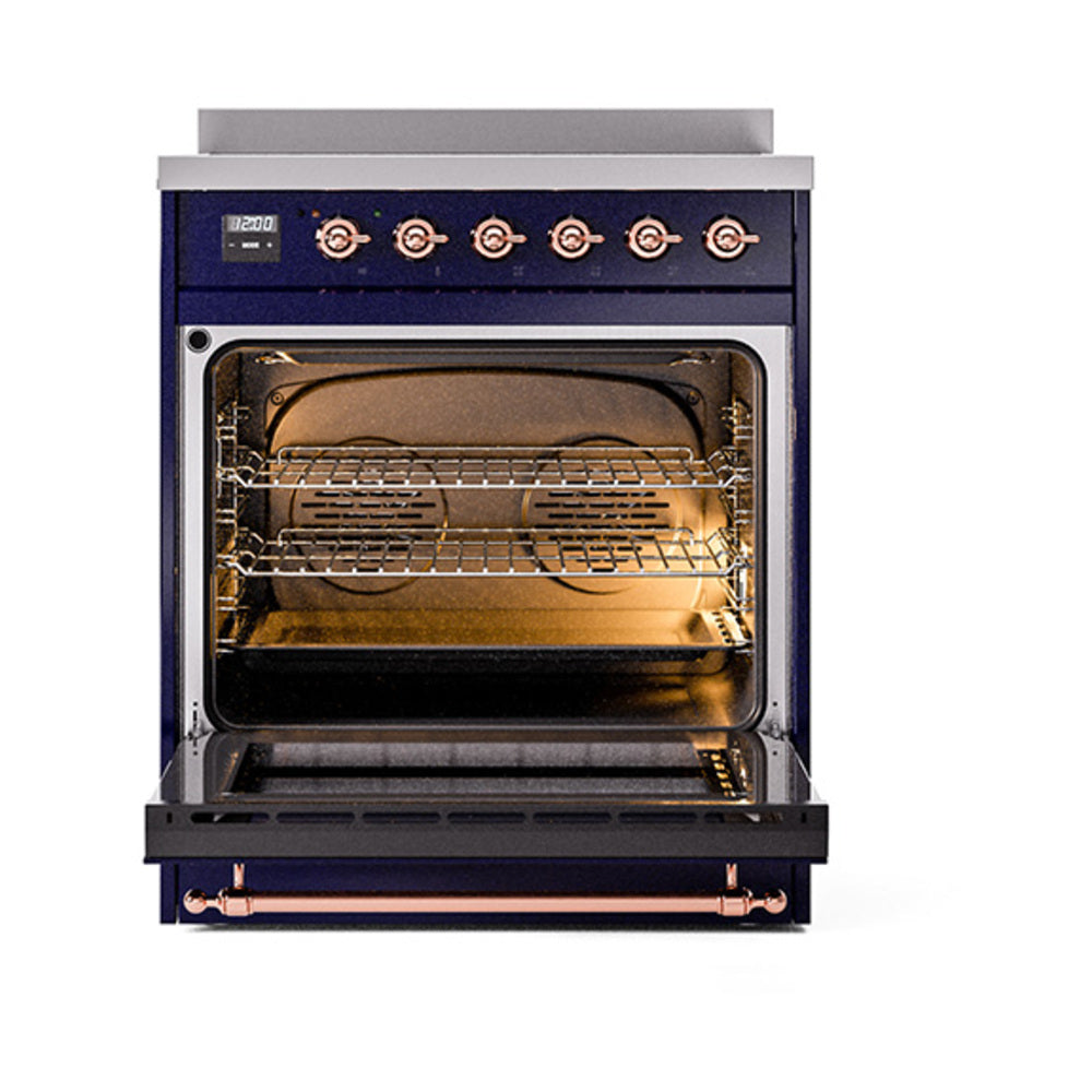 Induction range with oven door open, showing baking racks and heating element