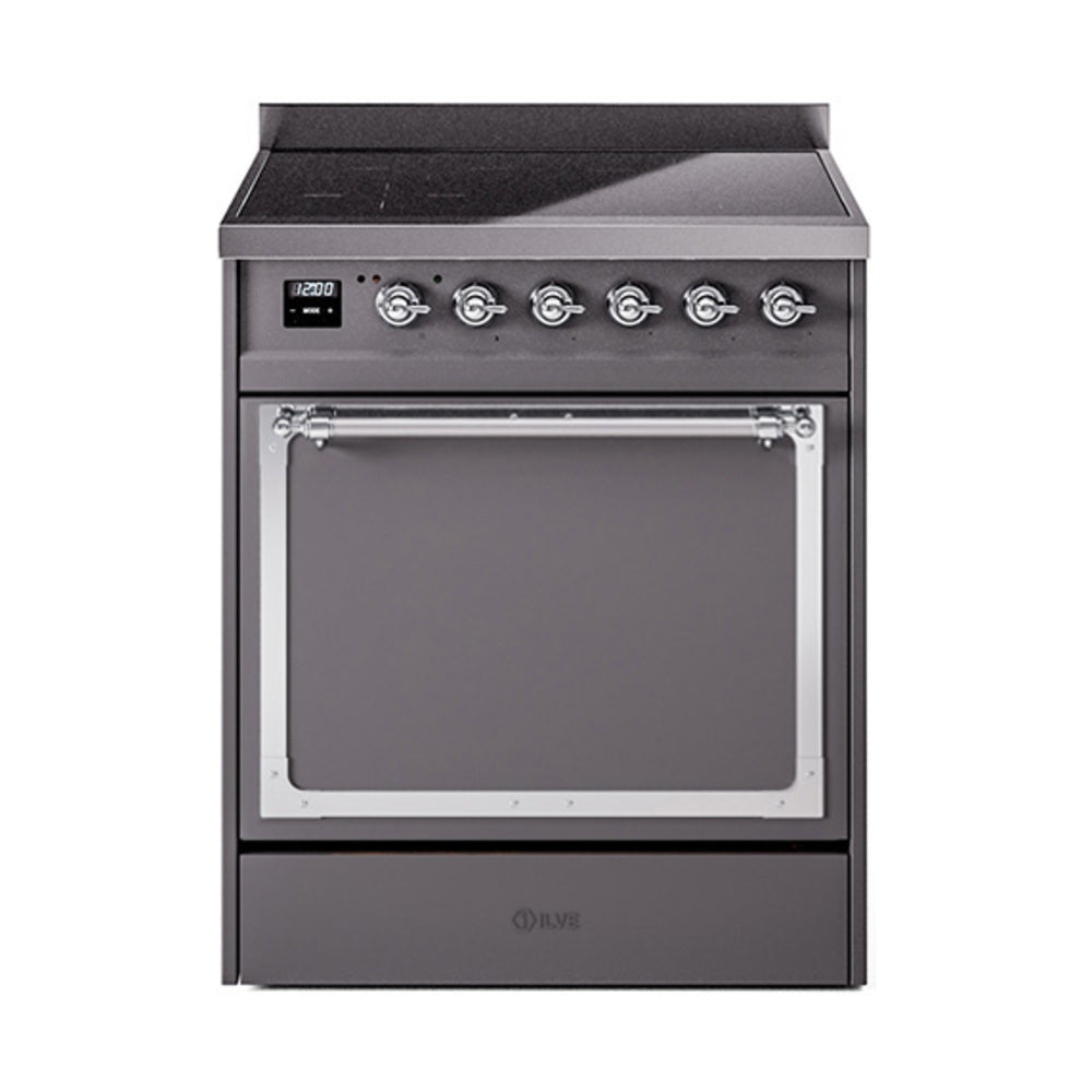 30-inch induction range with solid door oven, matte graphite and chrome-trim front