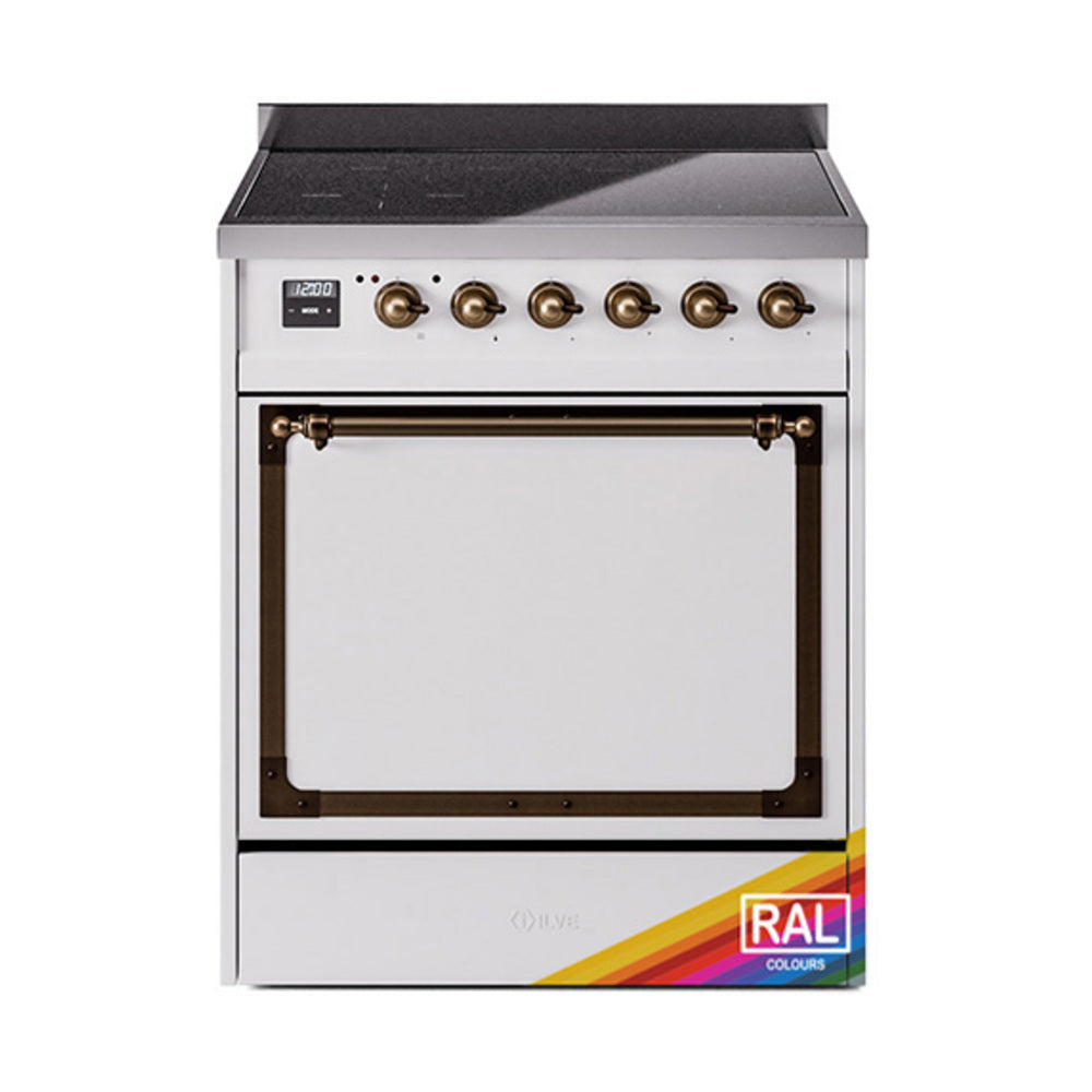 Induction range with closed oven door in white, bronze trim and brass control knobs