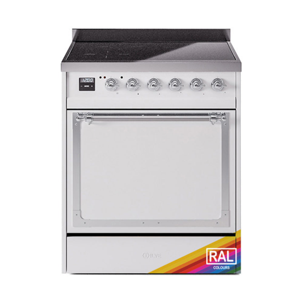 ILVE induction range with solid door oven, chrome trim, front control knobs