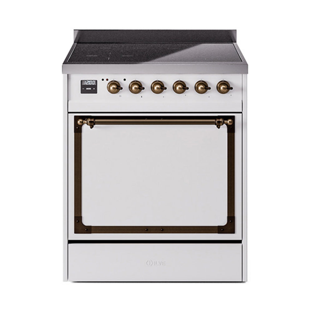 White induction range with bronze-trimmed oven door and control knobs