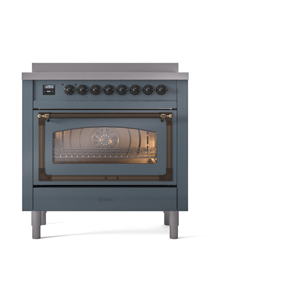ILVE blue-grey induction range with triple glass oven door, front view