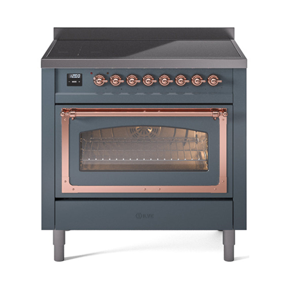 Blue grey induction range with copper-trim oven door and control knobs across top