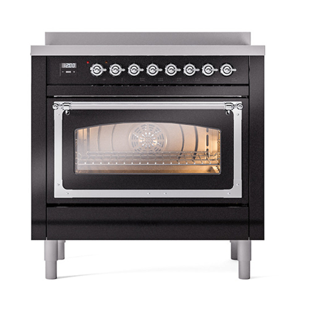 Glossy black oven door with chrome frame and lit interior, triple glass