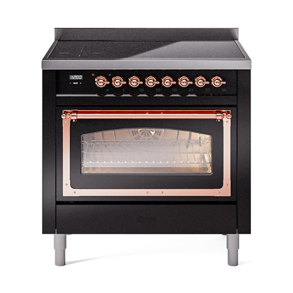 Front view of glossy black induction range with copper-trim oven handle and glass door