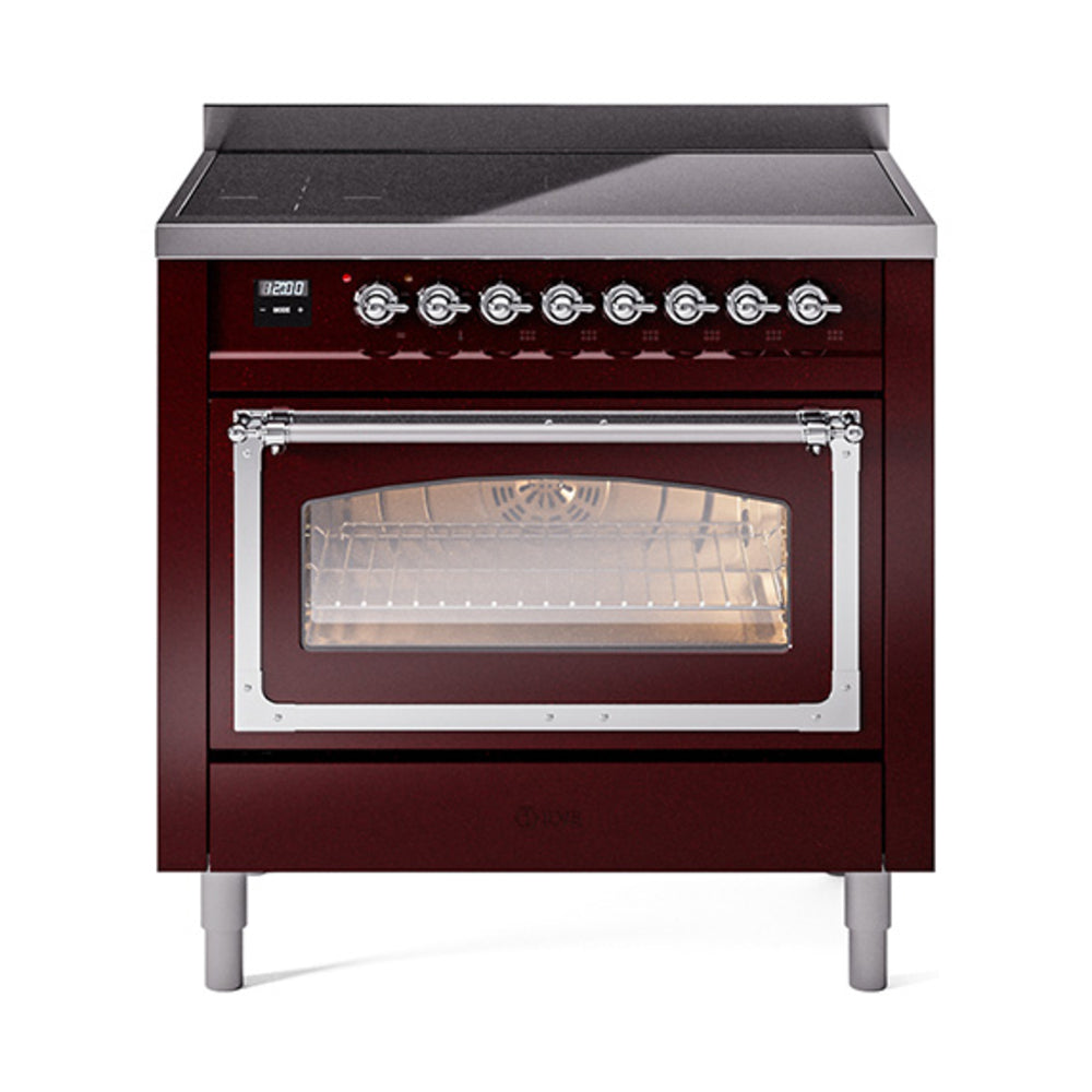 Burgundy induction range with illuminated oven window and chrome-trimmed door