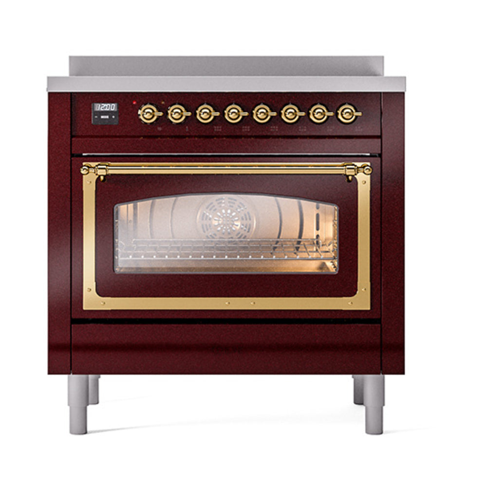 Burgundy induction range with oven window and brass control knobs, front view