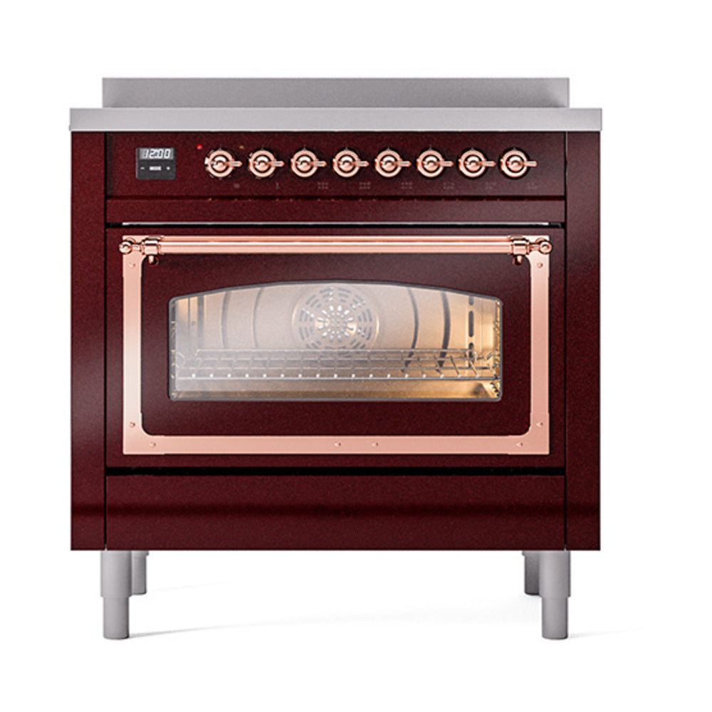 Burgundy induction range with triple glass oven window and copper handle rails, front view