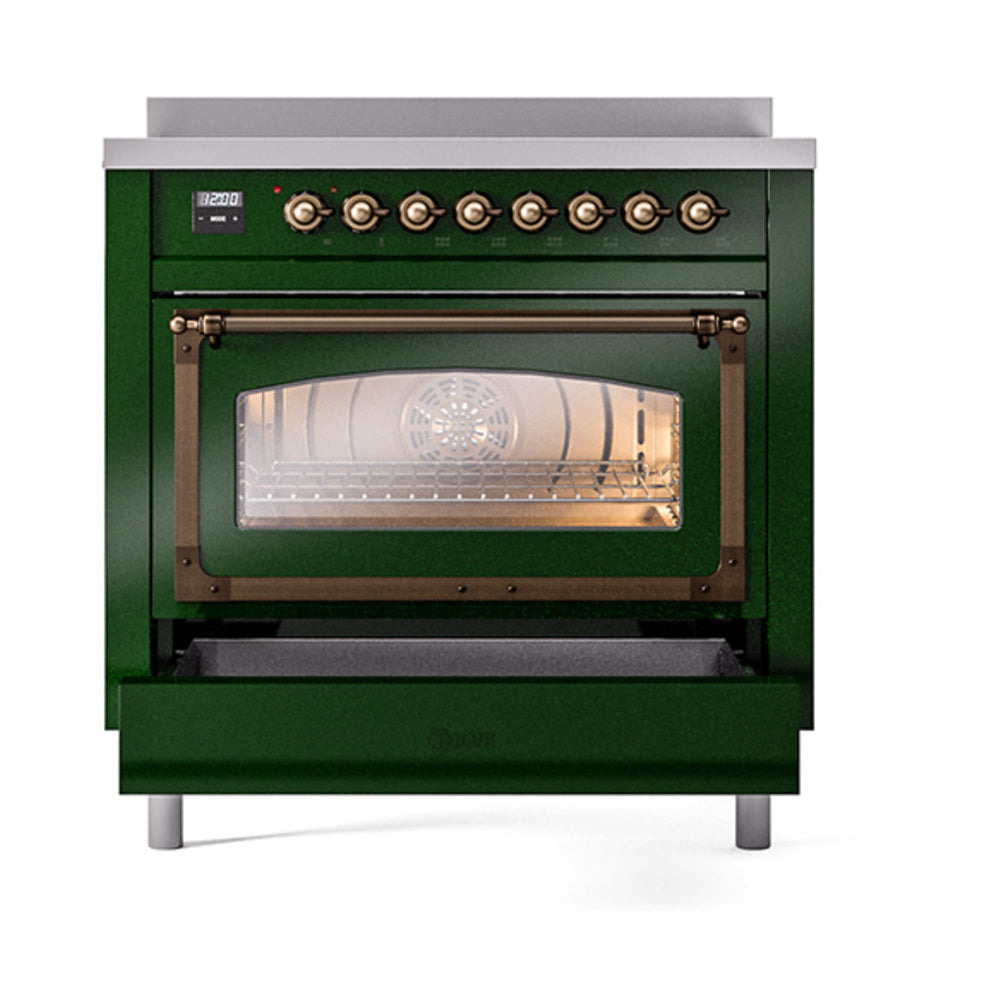 Emerald green induction range with bronze knobs and triple-glass oven door, front view