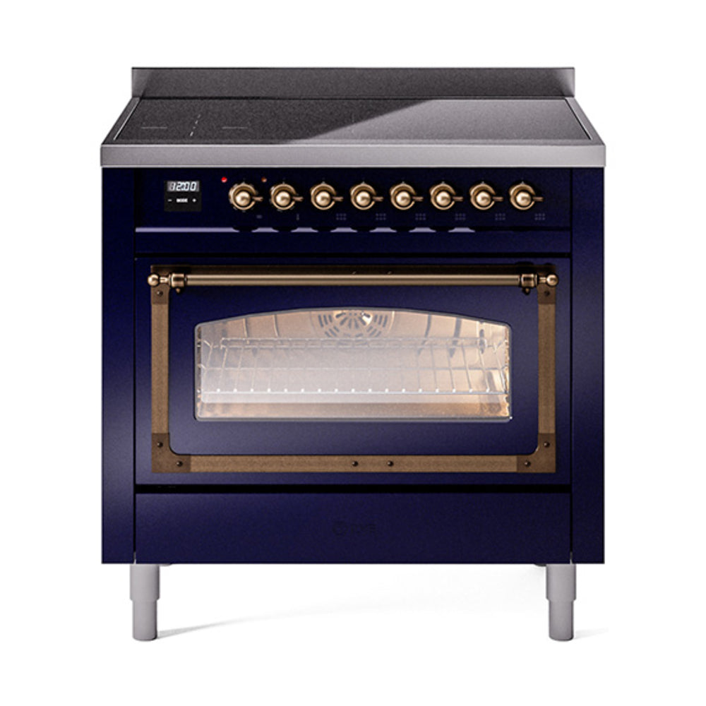 Midnight blue induction range with bronze handle and triple glass oven door