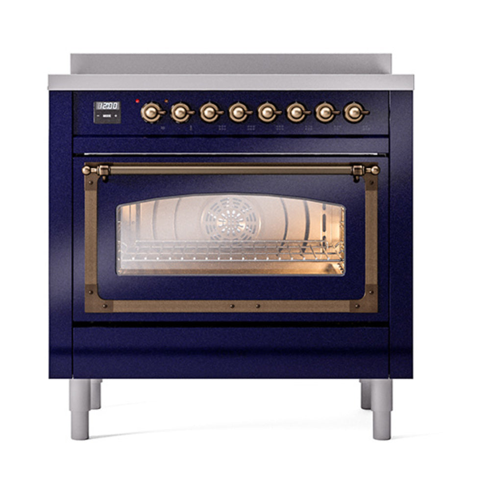 Midnight blue induction range front view with bronze knobs and oven door window