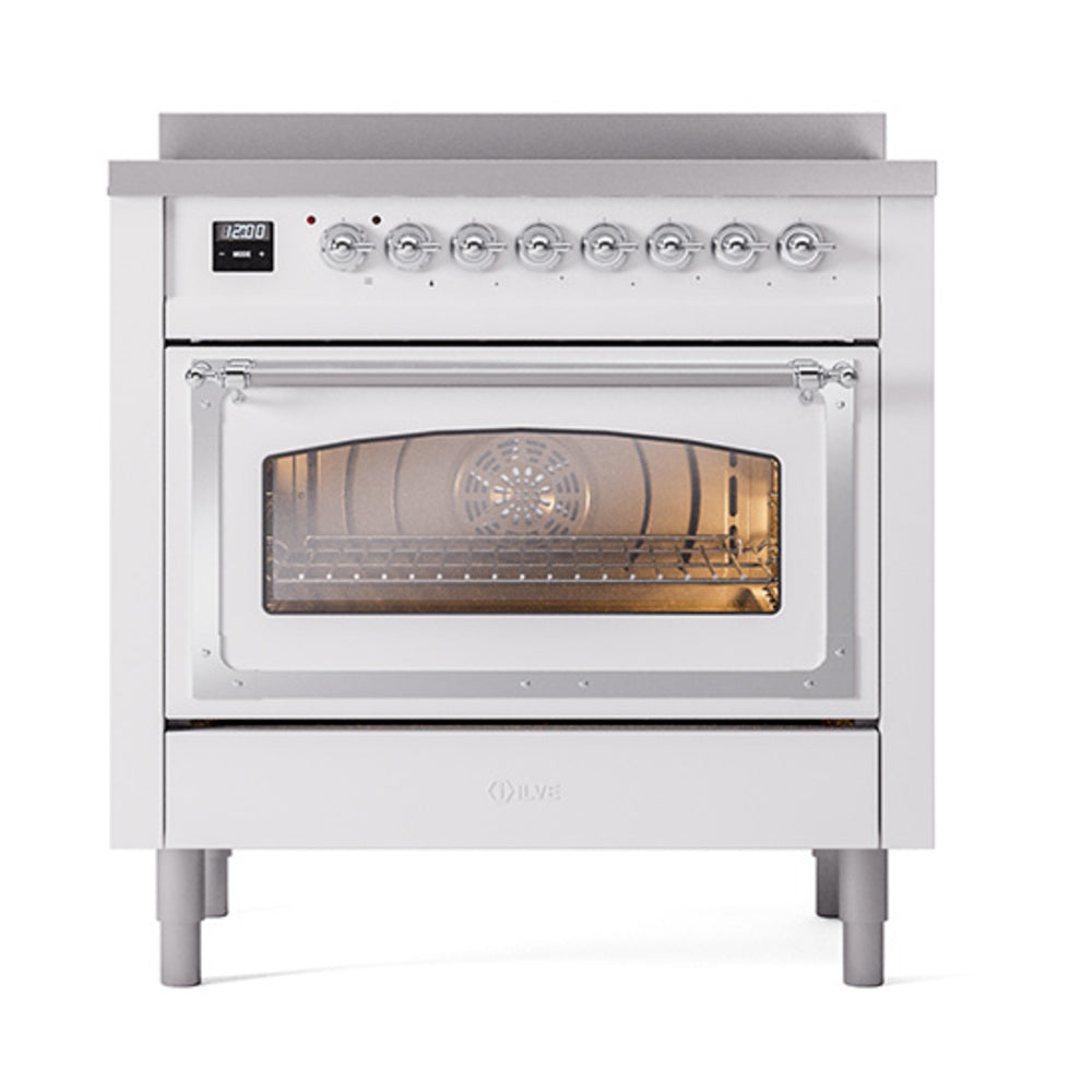 White oven door with triple glass window, chrome handle, control knobs