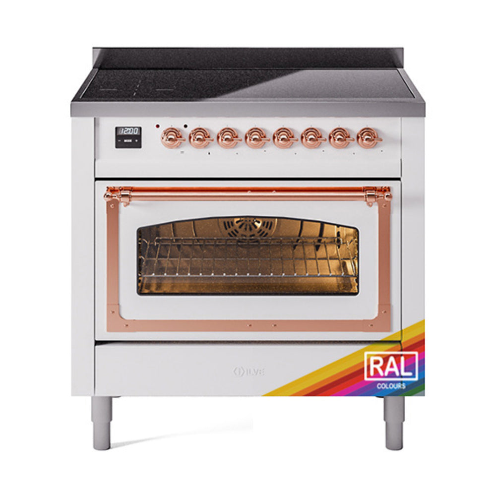 36-inch induction range with triple-glass oven door and copper trim, white exterior