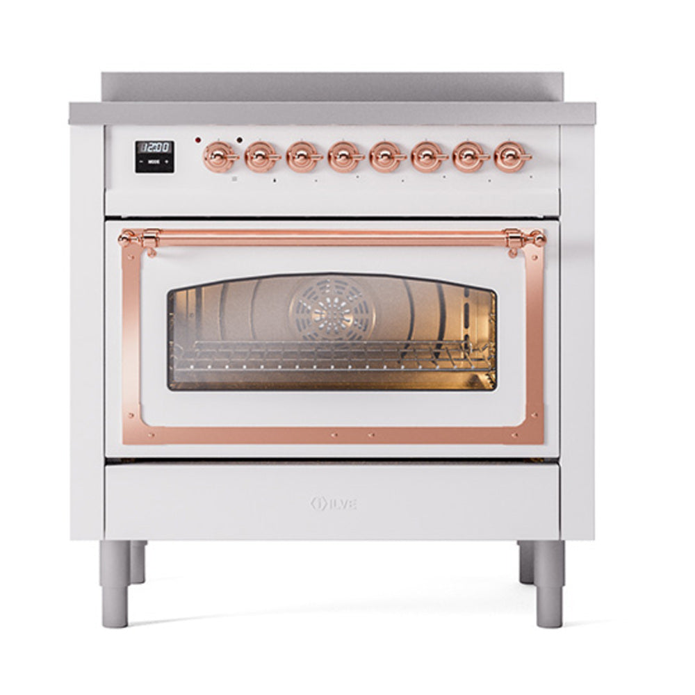 Induction range front view with triple-glass oven door, copper-trimmed frame, white