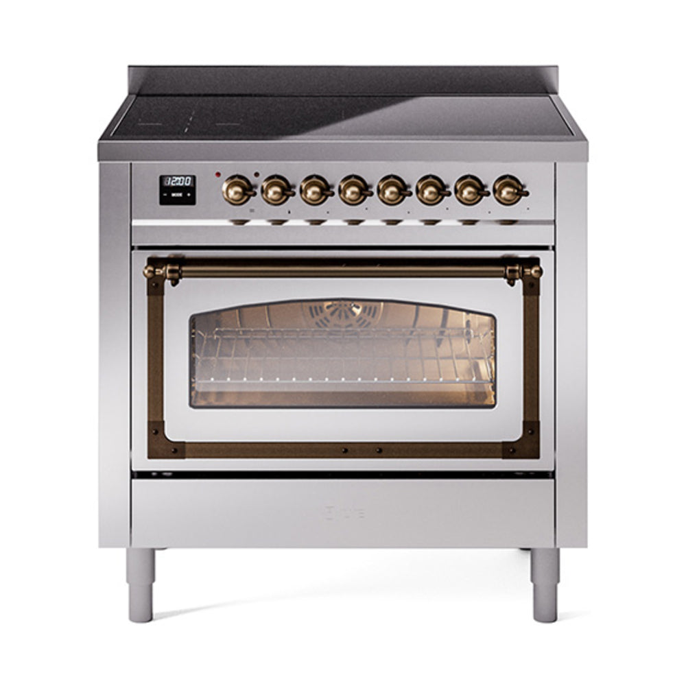 Stainless steel induction range with triple glass oven window and bronze trim, side front