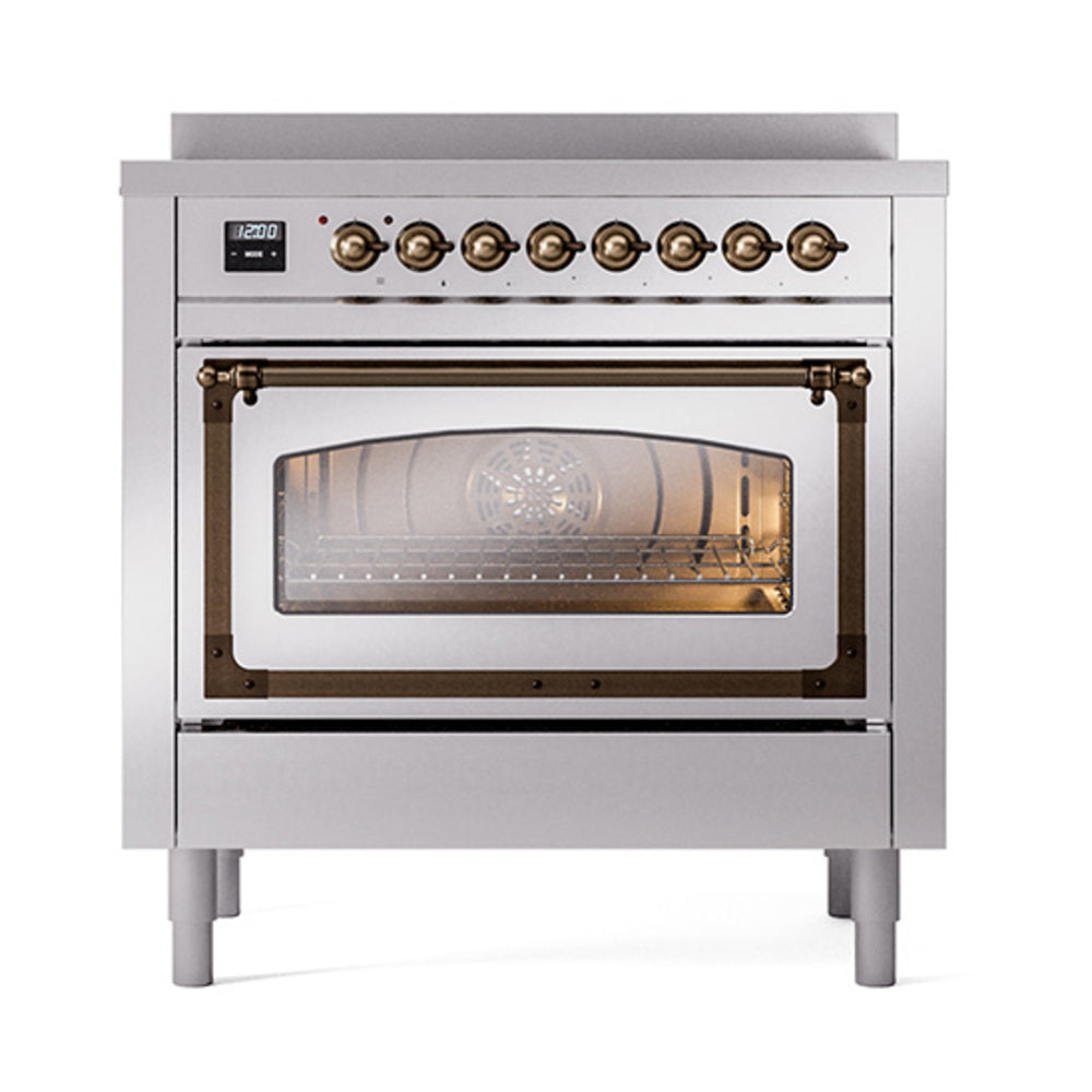 Stainless steel induction range with triple glass door and bronze-trimmed oven opening