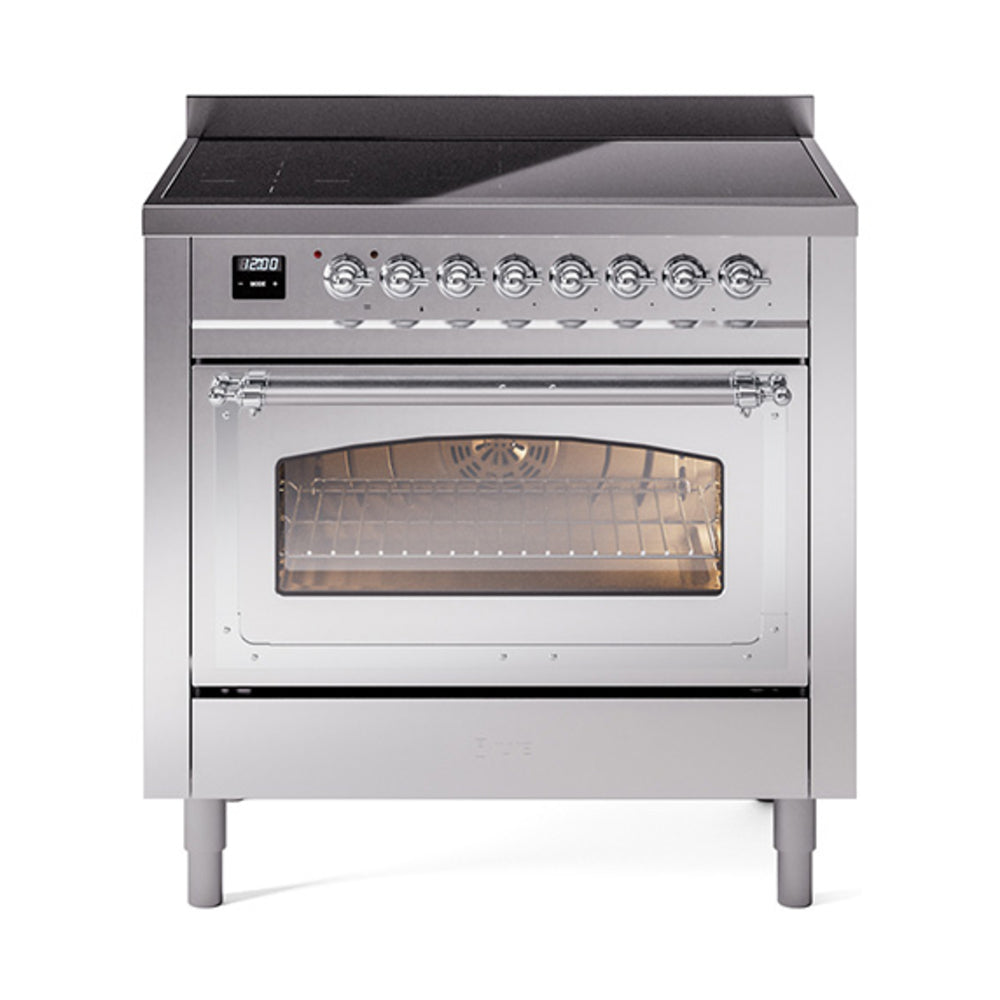 Stainless steel induction range with oven door ajar and control panel with knobs