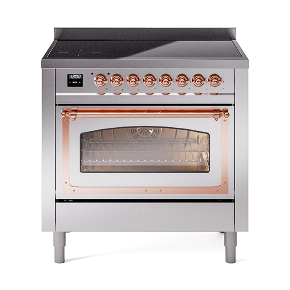Stainless steel induction range with open triple glass oven door and copper-bar trim