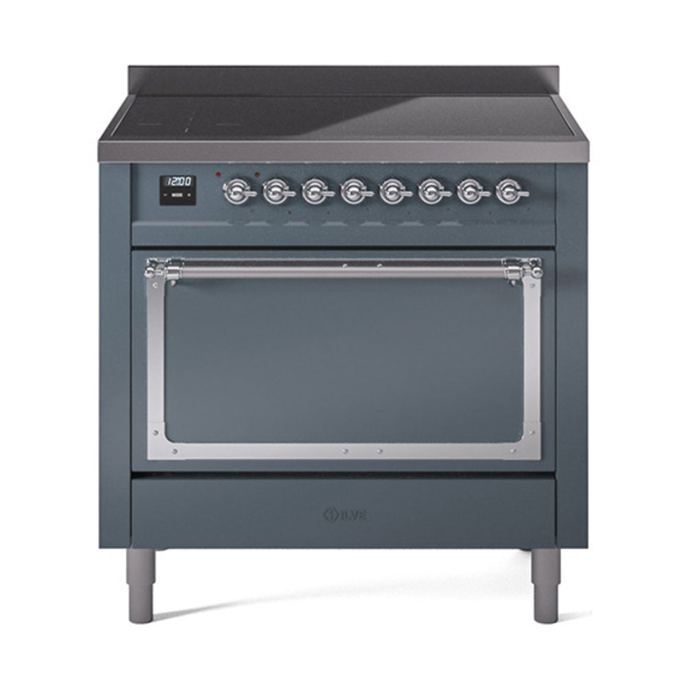 Blue grey induction range front with oven door and row of control knobs