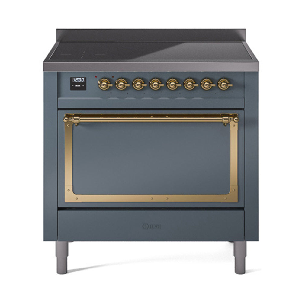 Blue grey 36-inch induction range with brass trim and solid oven door
