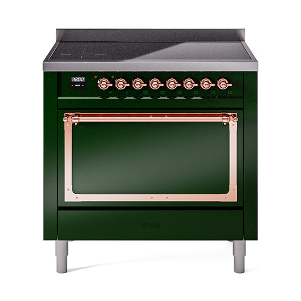Emerald green induction range with solid door, copper trim, and control knobs