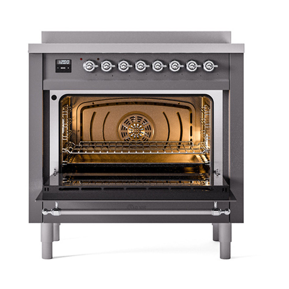 Matte graphite induction range with open oven door, chrome trim, visible oven interior