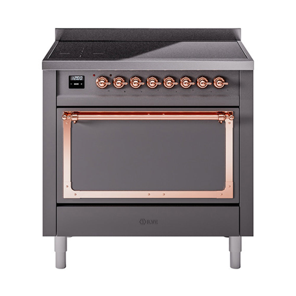 Matte graphite induction range with closed oven door, copper trim and control panel
