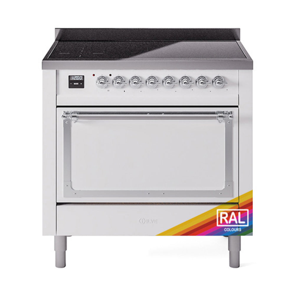 ILVE 36-inch induction range with solid door and chrome-trim control panel