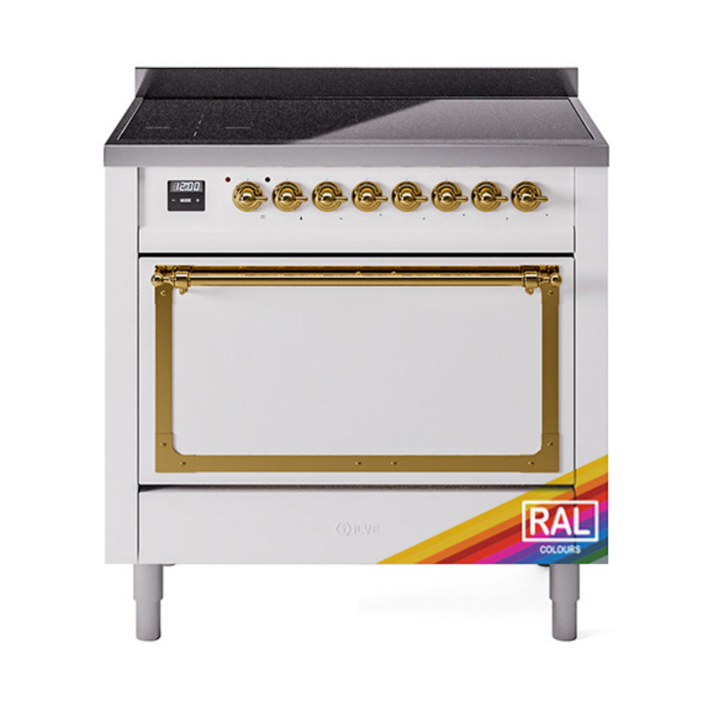 ILVE induction range with open storage/oven drawer door and brass trim on white body