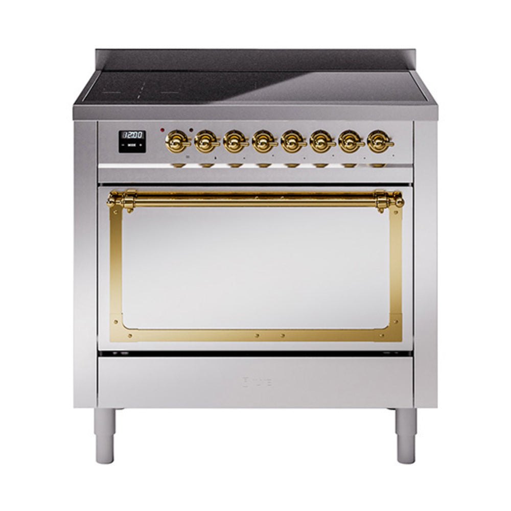 36-inch induction range with stainless body, solid door, brass trim and control panel