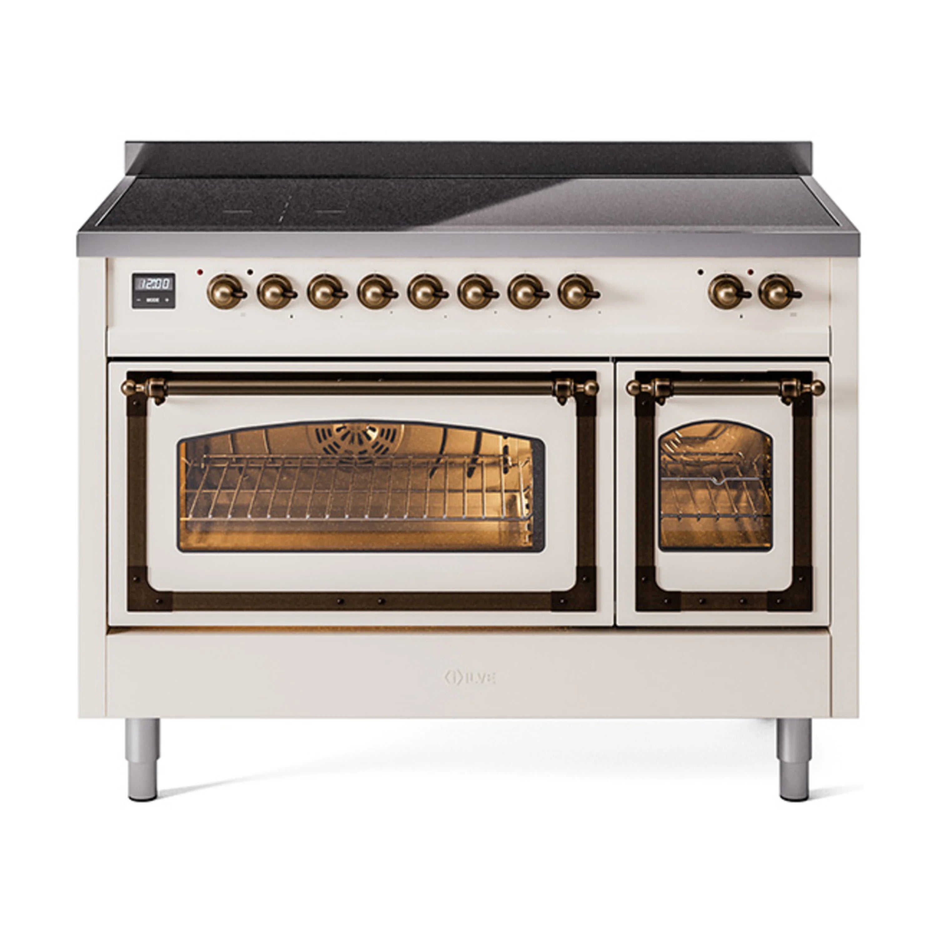 Antique white induction range with bronze-trimmed oven doors, stovetop front view